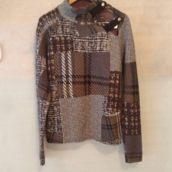 size XL Brown Asymmetrical collar Patchwork design Oversized sweater 100%WOOL - Picture 2 of 10